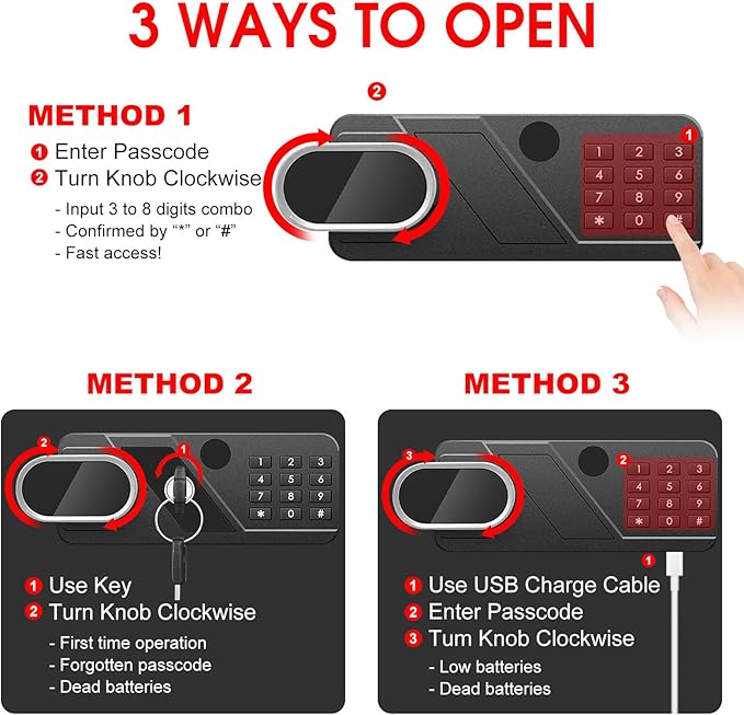 3.4 Cub Large Home Safe Fireproof Waterproof, Digital Security Fireproof Safe Box with Programmable Keypad, Spare Keys and Alarm System, Document Safes for Home Money Valuables - Image 5