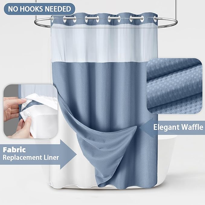 No Hook Shower Curtain and Liner Set,Sky Blue Hotel Waffle Shower Curtain with Liner 75" L x 72" W - Image 3