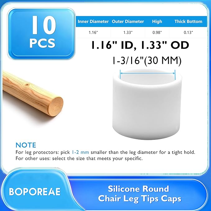 10 Pcs 1-3/16"(30 mm) Round Chair Leg Tips Caps, Silicone Rubber Furniture Leg Floor Protectors, Reduce Noise Folding Metal Chair Leg Cap Replacement for Bar Stool Leg Patio Indoor, White - Image 9