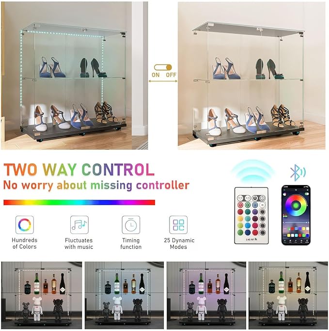 Yoluckea 2-Tier Glass Display Cabinet with Bluetooth LED Light Strip, 2-Door Floor Standing Curio Cabinet with Universal Wheel for Home, Black Glass Bookshelf for Collections, Clear Top - Image 3