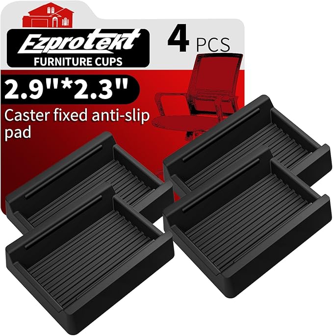 Ezprotekt Rectangle Rubber Caster Cups, 4 Pcs Non Slip Furniture Pads, 2.9" x 2.3" Anti-Slip Furniture Gripper, Furniture Stoppers to Prevent Sliding, Wheel Stoppers for Rolling Furniture (Black) by VisittheEzprotekt