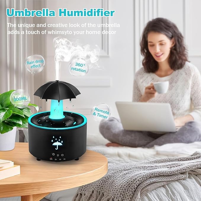 Humidifier for Bedroom, Rotating Umbrella Diffuser with Rain Drop Effect 7-Color LED, 300ML Small Humidifiers Aroma Diffuser with Remote & Timer, Funny Rain Humidifier Gift for Kid Teen Women (Black) - Image 2