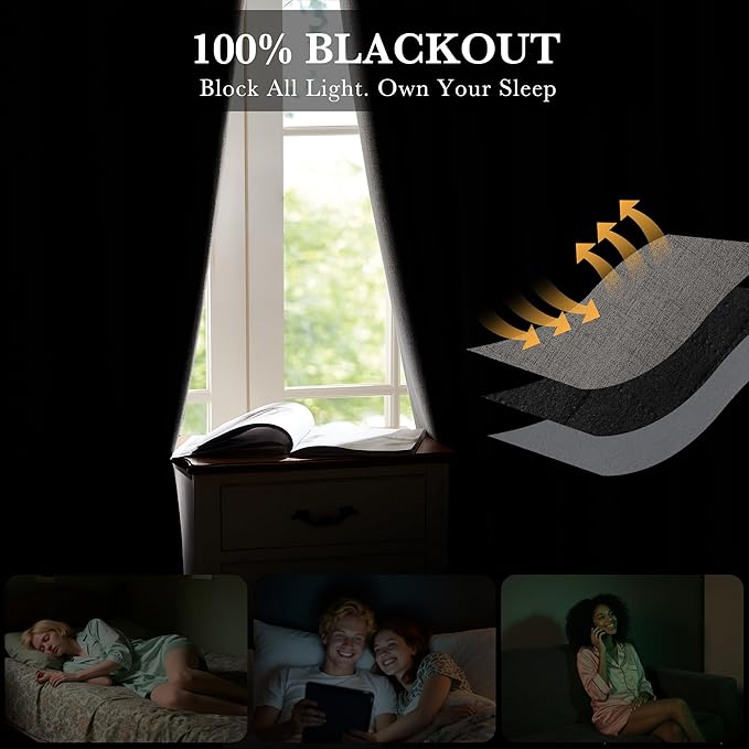 RYB HOME Grey Linen 100% Blackout Curtains for Bedroom 120 inch Long 52 inch Width, Extra Long Drapes Thermal Insulated&Privacy Assurd for Sliding Glass Doors/Dining, Back Tab&Rod Pocket, 2 Panels - Image 3