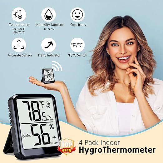 4-Pack Room Thermometer Indoor Hygrometer, Small Digital Temperature and Humidity Monitor Sensor, Temperature Humidity Gauge Meter for Home Baby Room, Plants, Pets - AAA Battery Included - Image 2