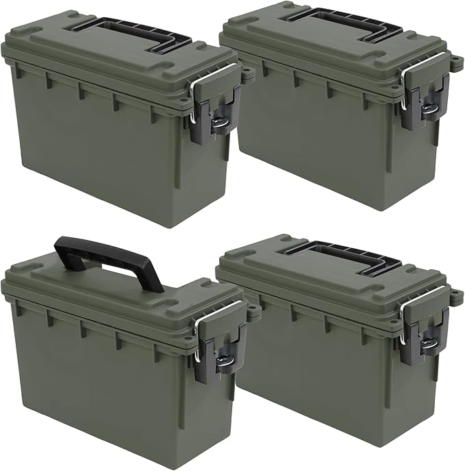 Sheffield 12757 4-Pack Ammo Storage Box, Stackable .30 Cal Field Boxes, Water and Dust Resistant, Lockable Storage Box with Handle, Secures Hunting Gear, Supplies, and Bullets, Made in USA, Green by Sheffield