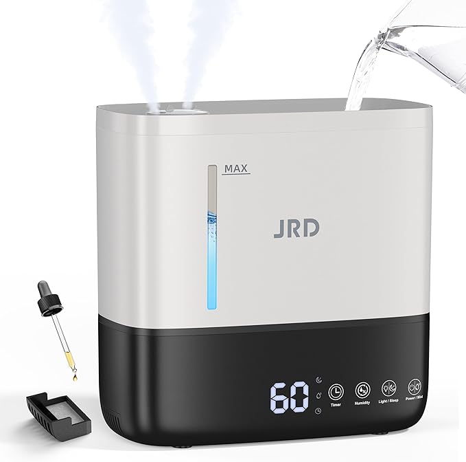 JRD Humidifiers for Bedroom, Ultrasonic Humidifier 4L for Large Room, Cool Mist Top-Fill, 40H Run, 12H Timer, 360° Nozzle, Aroma Diffuser, 7-Color Night Light for Home, Office, Baby(White) by JRD