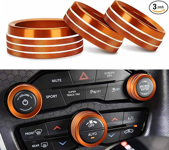 Auprite Climate Control Knob Covers for Challenger Accessories 2015-2023 2024, for Dodge Charger 2015-2023 2024, for Dodge Chrysler 300/300s 2015-2024,3Pcs Kit (Orange) by Auprite