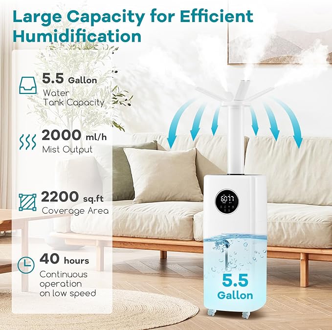 ARLIME Humidifier Large Room 2200 Sq.Ft, 5.5Gal Top Fill Commercial Humidifier w/3 Mist Levels, Power-off Memory, Extension Tube, 360° Nozzles, Whole House Humidifier w/Wheels for Bedroom, Plants - Image 4