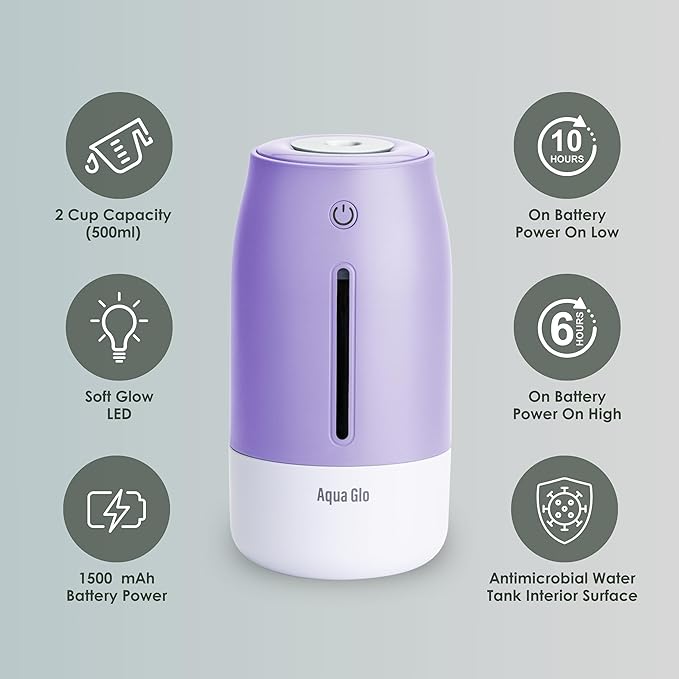 Aqua Glo Personal, Portable Humidifiers for Bedroom – Ultrasonic Cool Mist Humidifier with Built In Rechargeable Battery. Air Humidifier for Baby, Plants, Home, Office, Travel. Lavender - Image 4