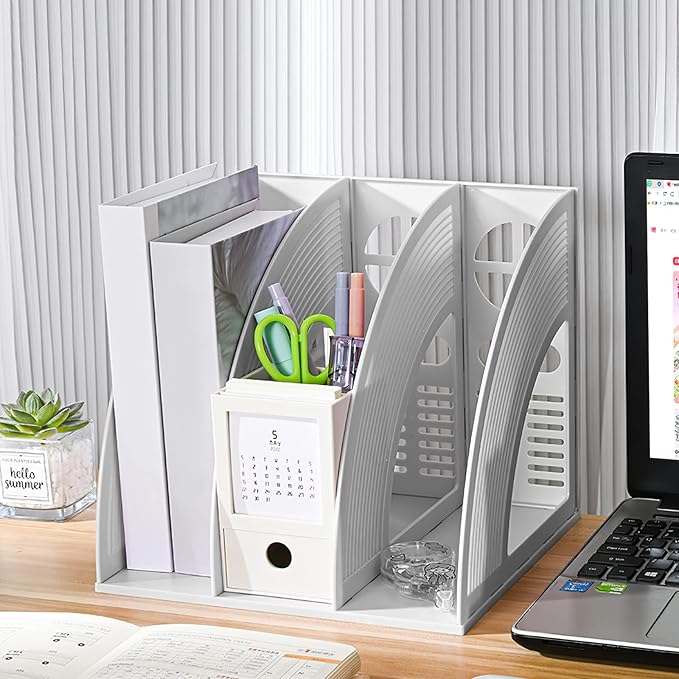 Marte Vanci 2 Pcs Magazine File Holder Book Desktop Organizer Plastic Storage Sturdy Vertical 3 Section Folder (Light Gray) - Image 5