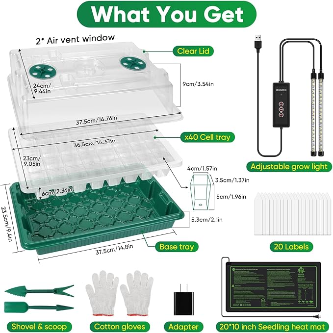 BlumWay 4-in-1 Seed Starter Tray with Grow Light &Heat Mat & Soil Meter Set,40-Cells Seedling Tray with Humidity Dome for Indoor Plant - Image 3