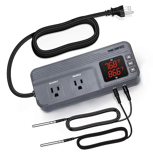 Inkbird ITC-608T Temperature Controller with Dual Temperature Sensor AC Dual Stage Outlet Thermostat with 12 Period Time Stage 1800W ETL Listed by Inkbird