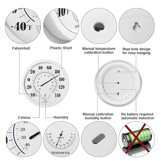 Indoor Outdoor Thermometer Wall Large Numbers Thermometer No Battery 10" Hanging Digital Weather Hygrometers for Home Garden Outside Patio Decor (White) - Image 2