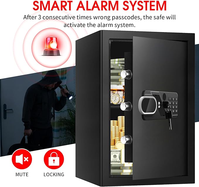 3.4 Cub Large Home Safe Fireproof Waterproof, Digital Security Fireproof Safe Box with Programmable Keypad, Spare Keys and Alarm System, Document Safes for Home Money Valuables - Image 6