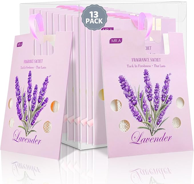 13Packs Lavender Scented Sachets, Fragrance Sachet Bags for Drawers and Closets, Air Fresheners for Car and Home, Closet Deodorizer Scented Drawer Fresheners for Dresser with Hanger Hooks by MR.A