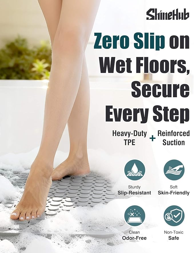 Non-Slip Bath Mat for Tub Shower, TPE Machine Washable Bathroom Essentials with Suction Cups, Quick-Dry 28x16 inch (Mist Pine Gray) - Image 2