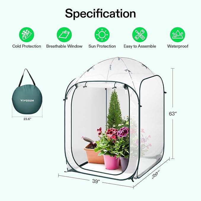 VIVOSUN 39x39x63-Inch Portable Walk-in Greenhouse, with PVC Cover & Detachable Base, Instant Pop-up and Folding, Mini Greenhouse with Roll-Up Door & Mesh Window for Indoor Outdoor, Wind Ropes Included - Image 2