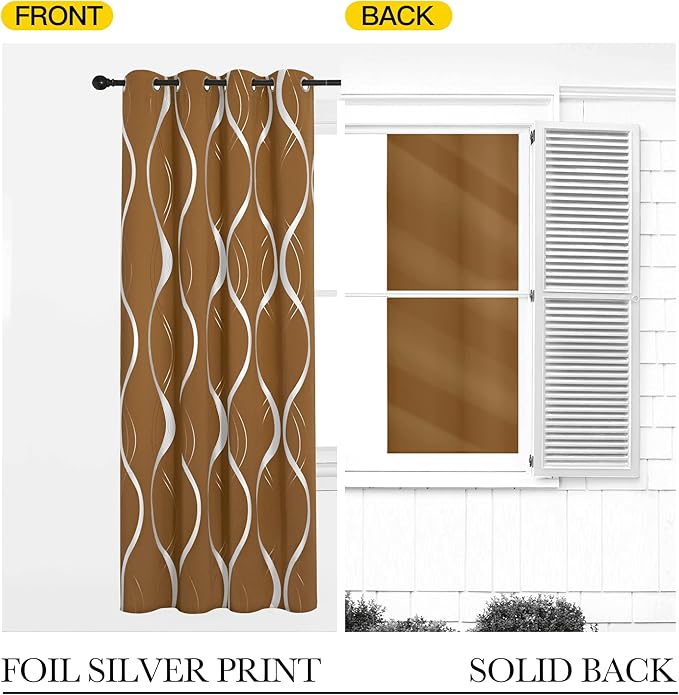 NICETOWN Blackout Gold Brown Kitchen Curtain 72 inch Long, Home Decoration Wave Line Foil Printed Design Drapes for Nursery and Baby Room, 2 Panels - Image 5