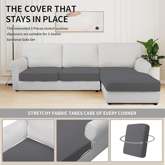 Easy-Going Stretch 3 Pieces Couch Cushion Covers for Sectional Sofa Left/Right L Shape Chaise Lounge Sofa Seat slipcover Anti-Slip Sofa Cover Soft (2 Seater + 1 Chaise, Grey) - Image 5