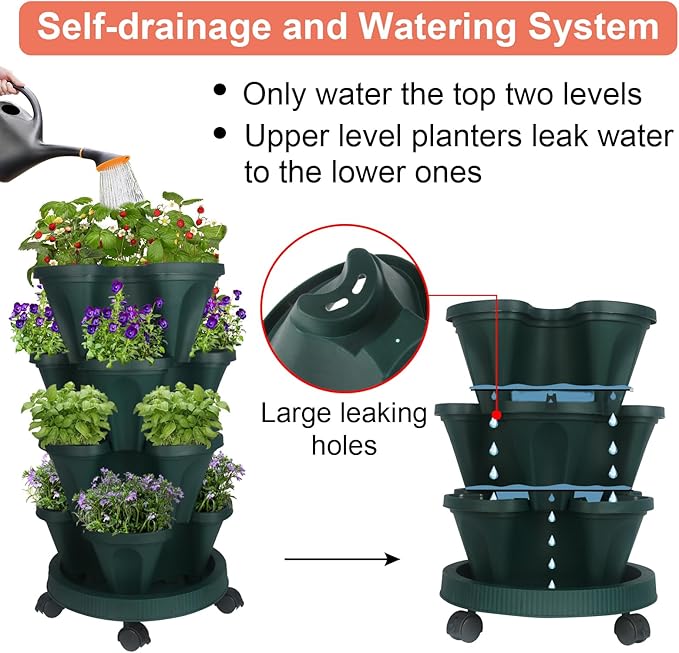 GameXcel Vertical Planter 4 Tier Stackable Planters Garden Planters Strawberry Herb Flower and Vegetable Planter Indoor Outdoor Gardening Pots with Removable Wheels and Tools - Image 4