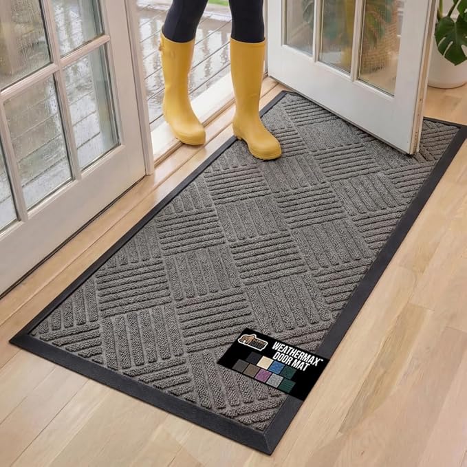 GORILLA GRIP 100% Waterproof All-Season WeatherMax Doormat, 60x24, US Designed Natural Rubber, Stain and Fade Resistant, Low Profile Indoor Outdoor Door Mats, Easy Clean Patio Mat, Gray Diamond by GorillaGrip