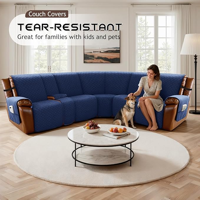 Arfntevss Waterproof Recliner Sectional Couch Covers for Reclining L Shape Sofa Cover Non Slip Washable L Shaped Slipcover Set for Dog Furniture Protector (5 Seat with 1 Console Cover, Midnight Blue) - Image 7
