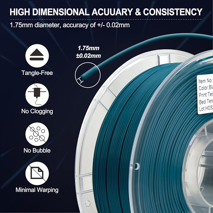 PLA Filament 1.75mm Blue Lagoon 1KG, Clog-Free 3D Printer Filament Dimensional Accuracy +/- 0.02mm, 1kg Spool(2.2lbs) 3D Printing Filament Fits for Most FDM 3D Printers - Image 5