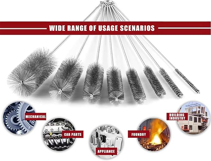 Pipe Cleaning Brush Set Stainless Steel Bristles, Stainless Steel Pipe Brush Steel Bottle Brush 9 Piece Variety Pack for Auto Parts, Bottles, Tubes, Etc. - Image 5