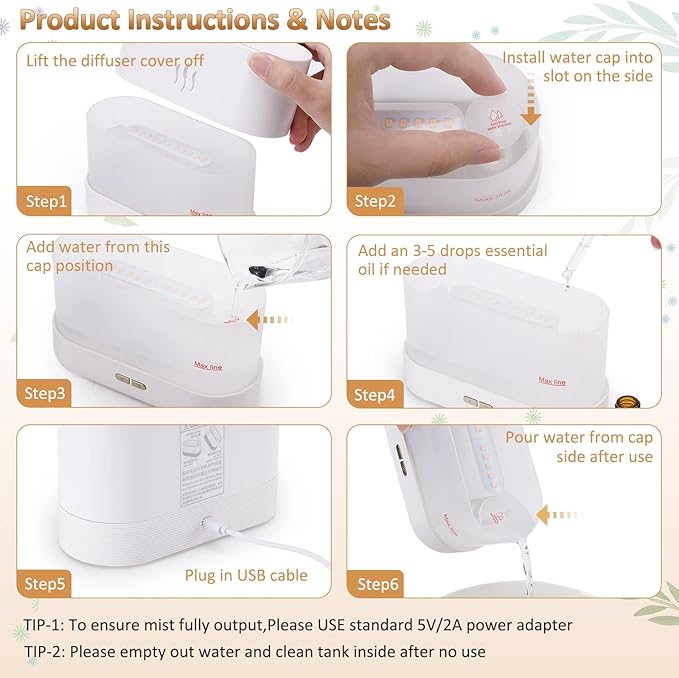 Flame Diffuser Humidifier-Auto Off 180ml Essential Oil Diffuser-2 Modes Brightness Aroma Humidifier with Fire Flame Effect for Home,Office,Spa,Gym(White)… - Image 7