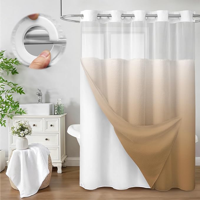 No Hook Shower Curtain and Liner Set,Ombre Beige Hotel Waffle Shower Curtain with Liner 75" L x 72" W by Unknown