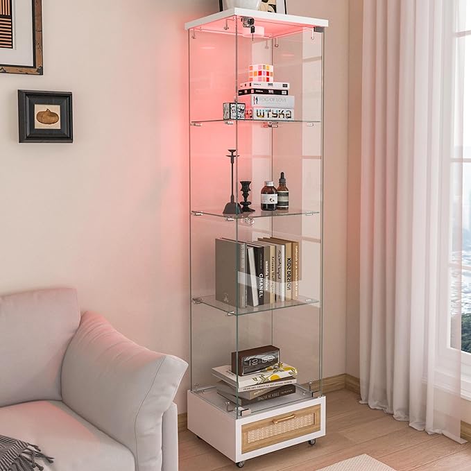 Yoluckea 4 Tiers Glass Display Cabinet with LED Lighting and Drawer, 1 Door Floor Standing Curio Cabinet with Wheel for Home, Office, Corner Display, White Glass Bookshelf for Collections and Decor - Image 7