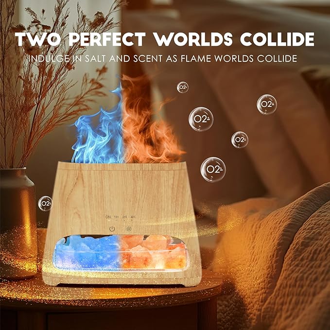 SALKING Colorful Flame Fire Diffuser Humidifier, Himalayan Salt Lamp, 7 Colors Changing Oil Diffuser, Ultra-Quiet Essential Oils Aromatherapy Diffusers for Large Room, Bedroom,150ml (Wooden Grain) - Image 4