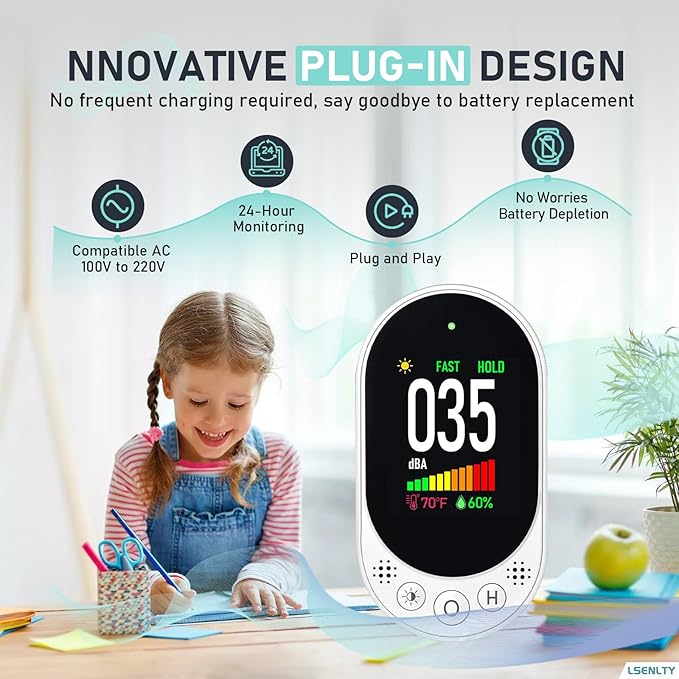 Decibel Meter Plug-in Wall, 30-130dB Sound Level Meter, Data Hold&Max/Min&Fast/Slow Response 3-in-1 Noise Detector(TEM&Humidity), A-Weighted Noise Measuring Device for Classroom Home Library - Image 3