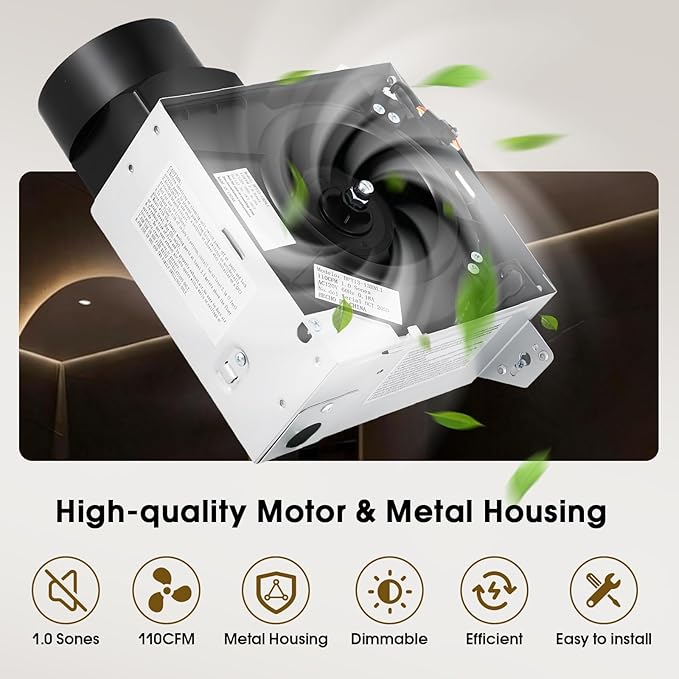 FEITON Bathroom Exhaust Fan with Light (3000K/4000K/5000K), Ceiling Mount, 110 CFM 1.0 Sones, Quiet Square Bath Fan Light Combo(Metal housing, 4 Inch Duct, Ceiling Opening Size: 7.6 x 7.3 Inches) - Image 5