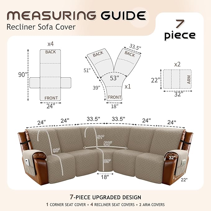 Arfntevss Waterproof Recliner Sectional Couch Covers for Reclining Sectional L Shape Sofa Cover Non Slip Washable Recliner L Shaped Slipcover Sets for Dog Furniture Protector (5 Seater, Camel) - Image 5