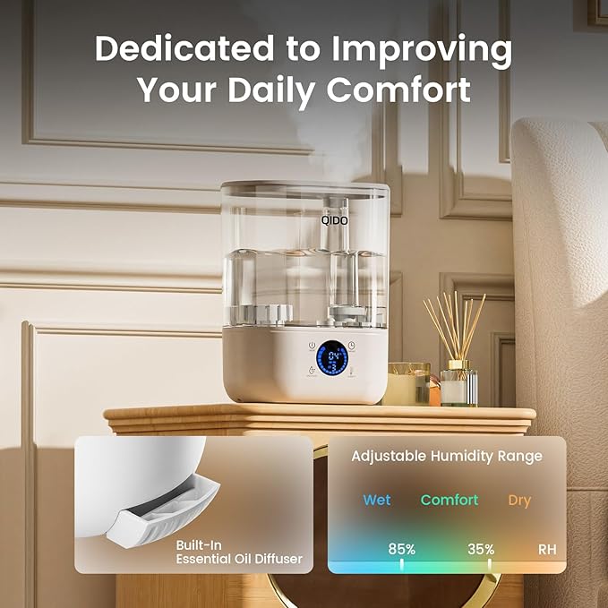 QIDO Top Fill Humidifiers for Bedroom, 5 L Cool Mist 36H Super Long Time, Quiet 28dB Essential Oil Diffuser for Baby & Plants, 3 Adjustable Mist with Touch/APP/7-color Nightlight, Auto Shut-off, White - Image 6