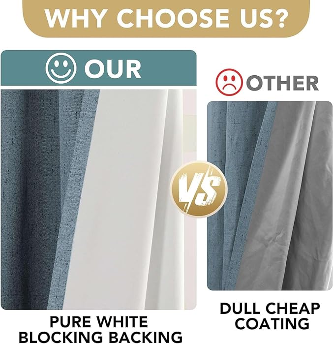H.VERSAILTEX Linen Curtains 100% Blackout Curtains for Bedroom 90 inch Long Full Light Blocking Nature Linen Blended Window Curtains for Living Room Nickel Grommet (2 Panels, Stone Blue) - Image 3