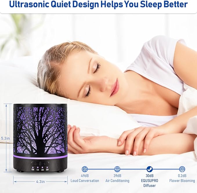 Essential Oil Diffuser Aromatherapy Diffuser -300ml Metal Electric Ultrasonic Oil Diffuser for Large Room with Auto Shut-Off Protection, 4 Timer Setting &7 Colors Night Light for Home (Tree-300ML) - Image 6