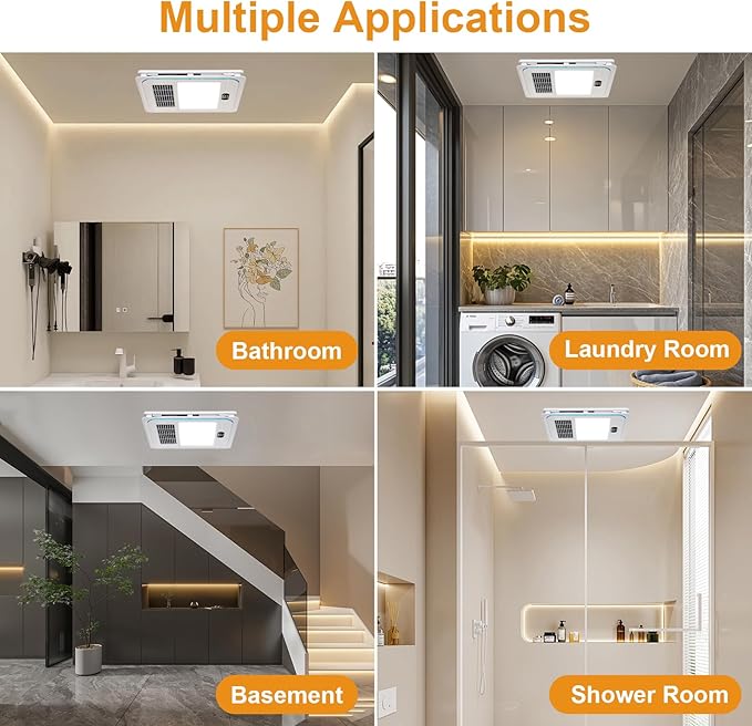 13.8 IN Bathroom Exhaust Fan with Light and Heater 1800W, 4 in 1 220 CFM Bathroom Exhaust Fan with Heater, 12W LED Light, Metal Housing 1.0 Sone with Heating, Ventilation, Remote Control - Image 8