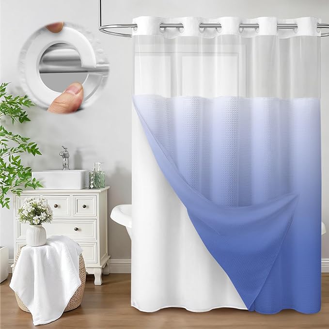 No Hook Shower Curtain and Liner Set,Ombre Light Blue Hotel Waffle Shower Curtain with Liner 75" L x 72" W by Unknown