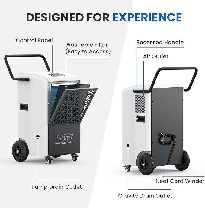 Commercial Dehumidifier with Pump, 260 Pints Industrial Dehumidifier for Basements, Industrial or Commercial Spaces, and Flood Restoration up to 8,500 Sq Ft with Auto Defrost - Image 7