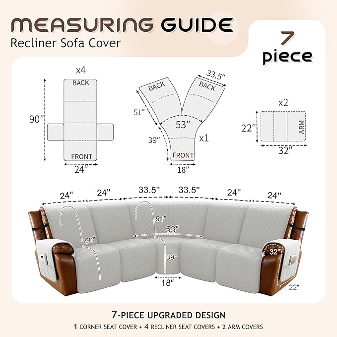 Arfntevss Waterproof Recliner Sectional Couch Covers for Reclining Sectional L Shape Sofa Cover Non Slip Washable Recliner L Shaped Slipcover Sets for Dog Furniture Protector (5 Seater, Light Gray) - Image 5