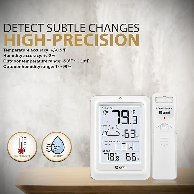 Indoor Outdoor Thermometer Wireless Weather Station, Temperature Humidity Monitor Battery Powered Inside Outside Thermometers with 330ft Range Remote Sensor and Backlight Display（WH01） - Image 6
