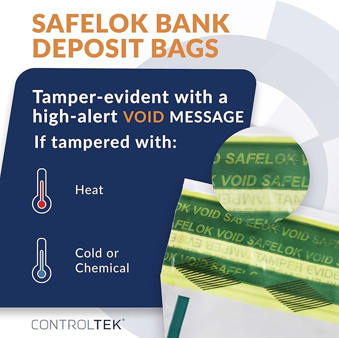 ControlTek SafeLok 12" x 16", Clear, 50 Bags, Tamper-Evident Deposit Bags for Cash Handling & Valuables, Moisture, Heat and Cold Sensitive Ink, Tear-off receipt + Large Barcodes 585093 - Image 2