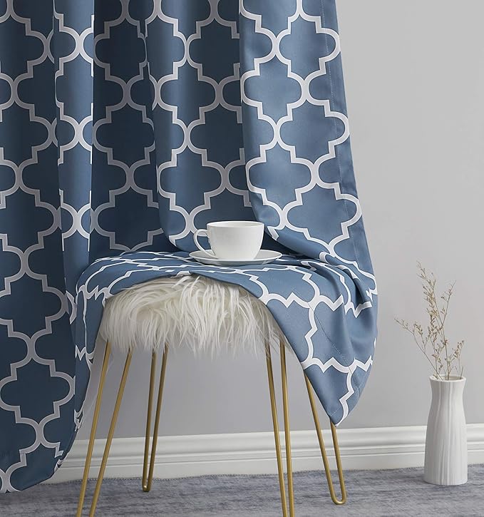 HLC.ME Lattice Print Decorative Blackout Thermal Insulated Privacy Room Darkening Grommet Window Drapes Curtain Panels for Bedroom - Dusty Blue - Set of 2-52 x 84 Inch Length - Image 5