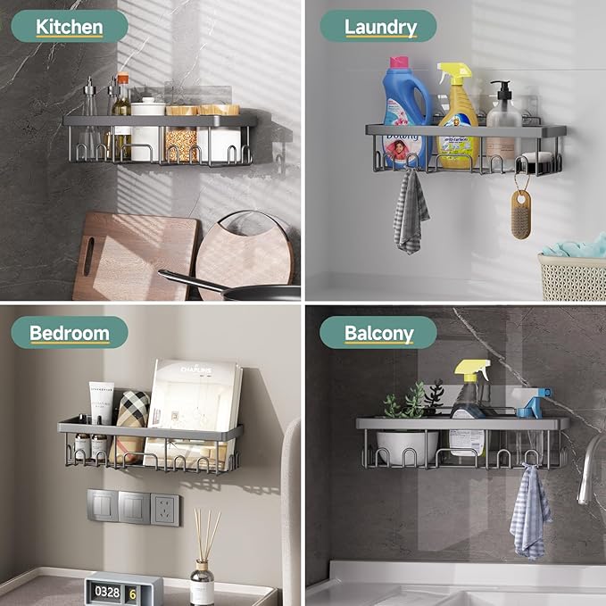 Veken Adhesive Shower Caddy 5-Pack,Heavy Weight Bearing,Large Wall Mounted Shower Shelves Rack,Organizer Storage Accessories with Soap Dish&Toothbrush Holder,Ideal for Bathroom,Home&Kitchen,Light Grey - Image 4