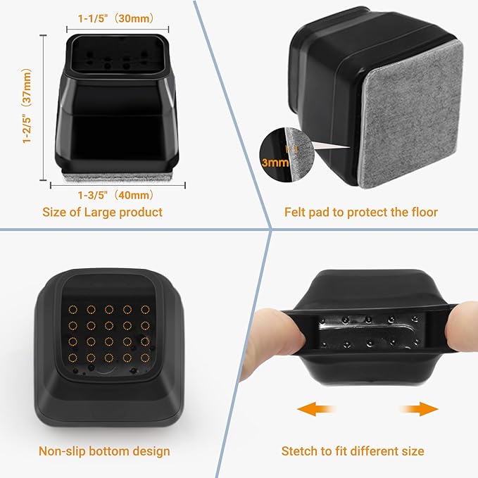 36Pcs Black Square Chair Leg Floor Protectors, High Elastic Felt Furniture Pads for Hardwood Floors, Silicone Floor Protectors for Chairs, Chair Leg Caps Covers Socks (Transparent, Large) - Image 5