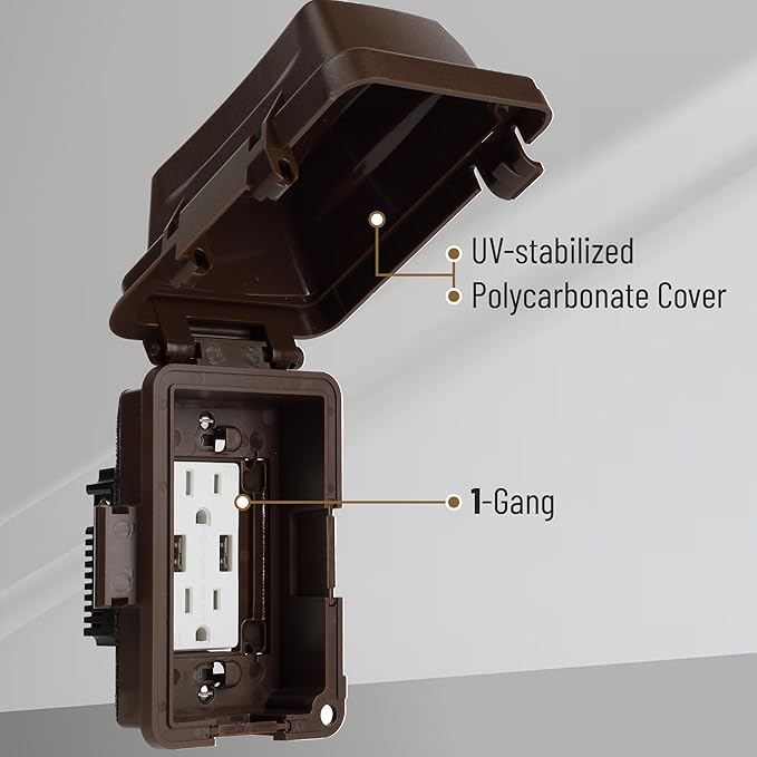 Bates- Weatherproof Electrical Outlet Cover, 1-Gang, Brown Outdoor Outlet Cover Weatherproof, Outdoor Plug Cover, Outlet Cover Box - Image 3