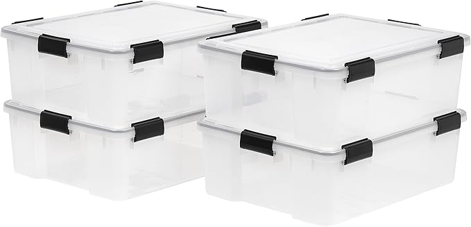 IRIS USA 41 Quart WEATHERPRO Plastic Storage Box with Durable Lid and Seal and Secure Latching Buckles, 4 Pack, Weathertight, Keep Pest Dust and Moisture Out, for Oversized Bulky Items, Clear/Black by IRISUSA