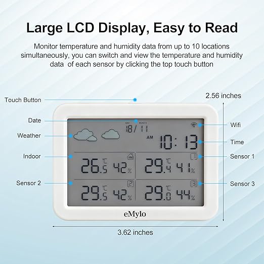 eMylo WiFi Hygrometer Thermometer 5 Pack, Smart Digital Indoor Temperature Humidity Monitor 426Ft Rang with 4 IP65 Wireless Sensors Outdoor Kit, App Alerts, Free Data Storage Export, Works with Alexa - Image 5